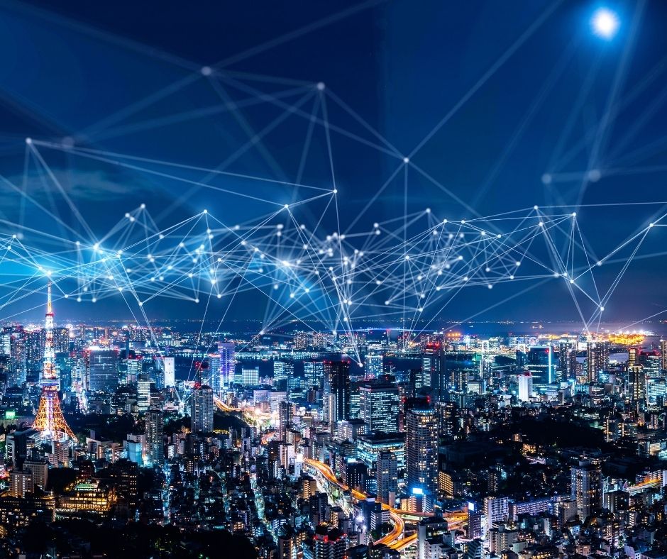 city scape with digital communication channels