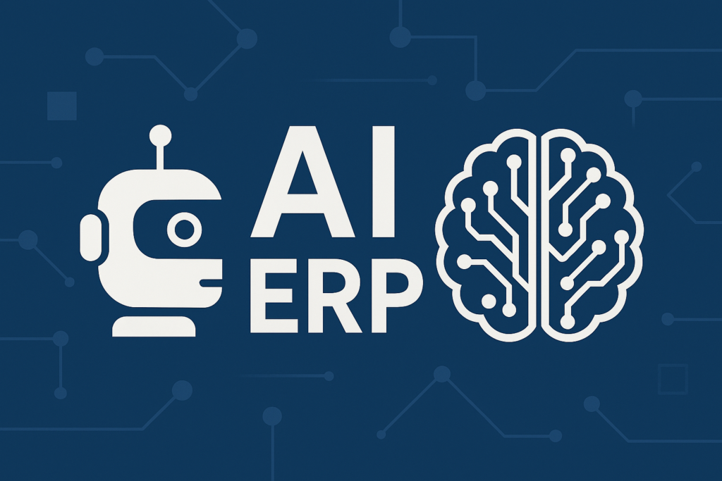 AI ERP concept graphic showing a robot head on the left and a circuit-brain icon on the right on a blue background, symbolizing artificial intelligence in ERP systems.